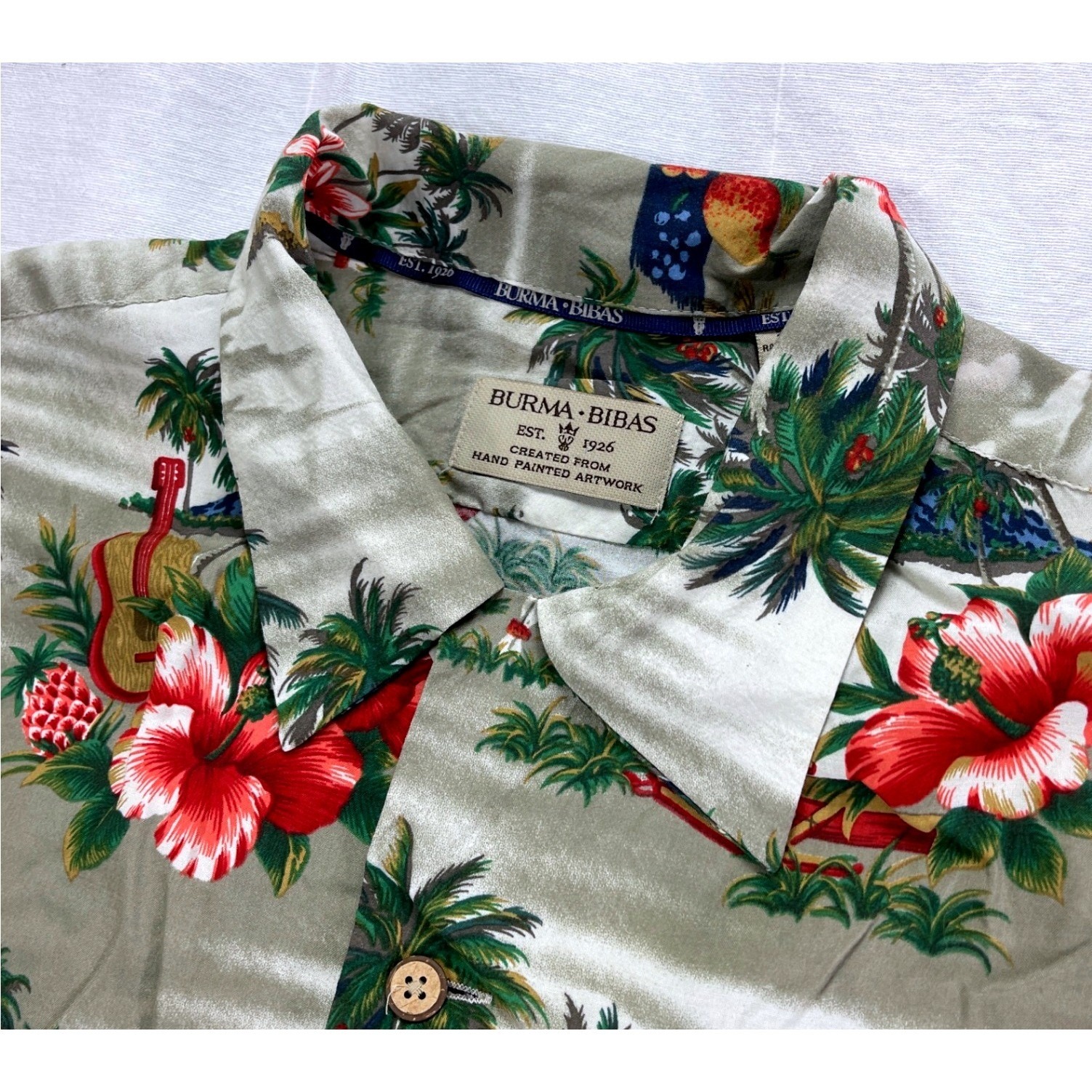 Burma Bibas Mens Xl Hawaiian Shirt Rayon Blend Tropical Palm Hula Guitar